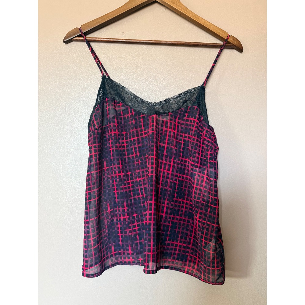 Forever 21 Contemporary Small Red Purple Grid Lace Trim Sheer Camisole Cami Top